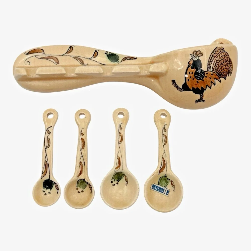 Japan Rooster Wall Pocket Measuring Spoon Set Ceramic Farmhouse 1950s Vintage